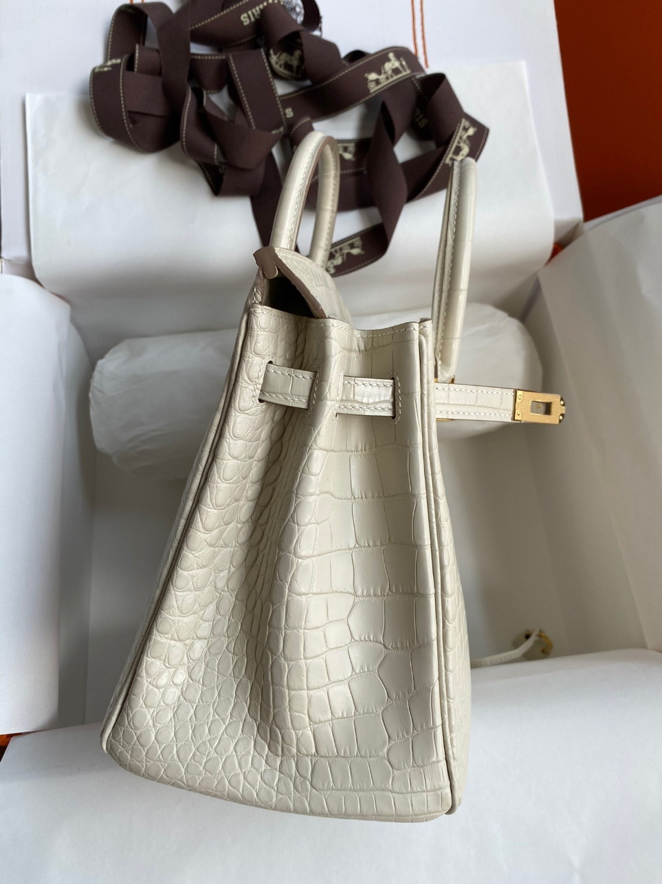 Hermes Birkin 25 Retourne Handmade Bag In Beton Matte Alligator Leather - Image 4