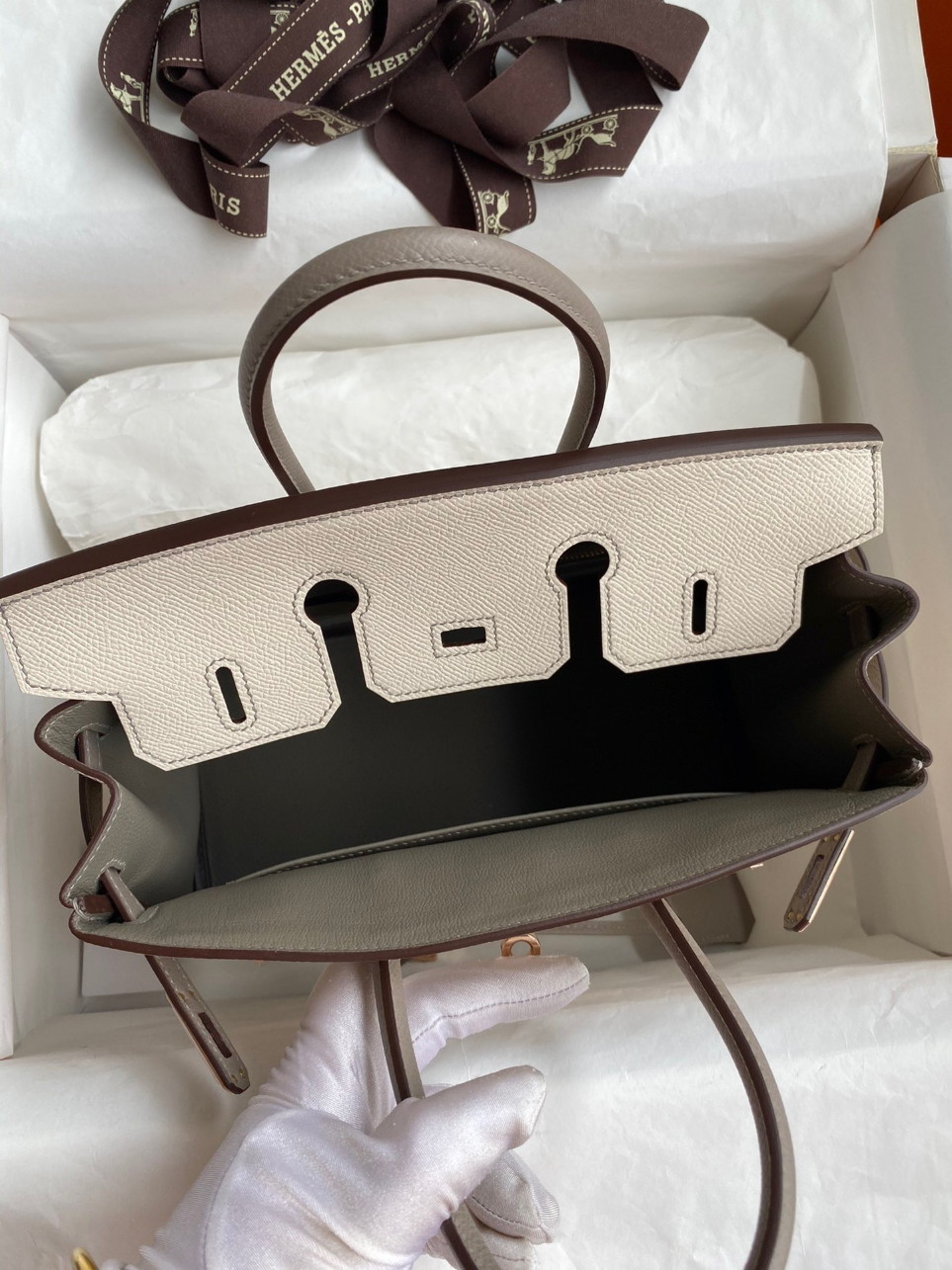 Hermes HSS Birkin 25 Bicolor Bag in Craie and Gris Asphalt Epsom Calfskin - Image 6