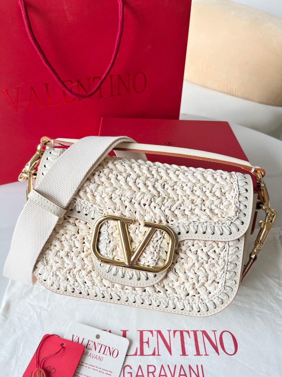 Valentino Alltime Shoulder Bag in White Raffia - Image 2