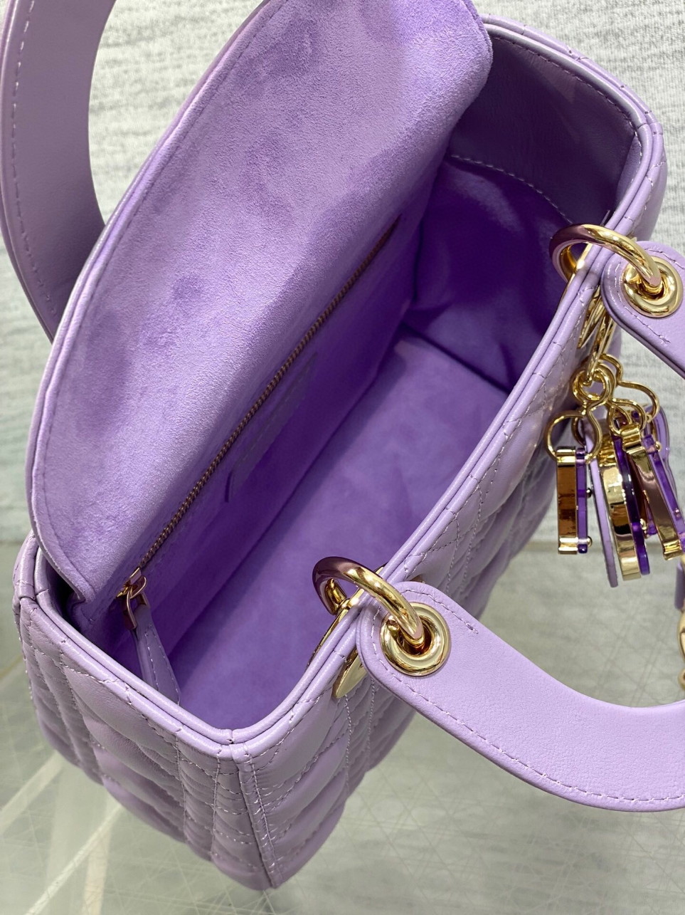 Dior Small Lady Dior Bag in Lilas Lambskin with Resin Charms - Image 9
