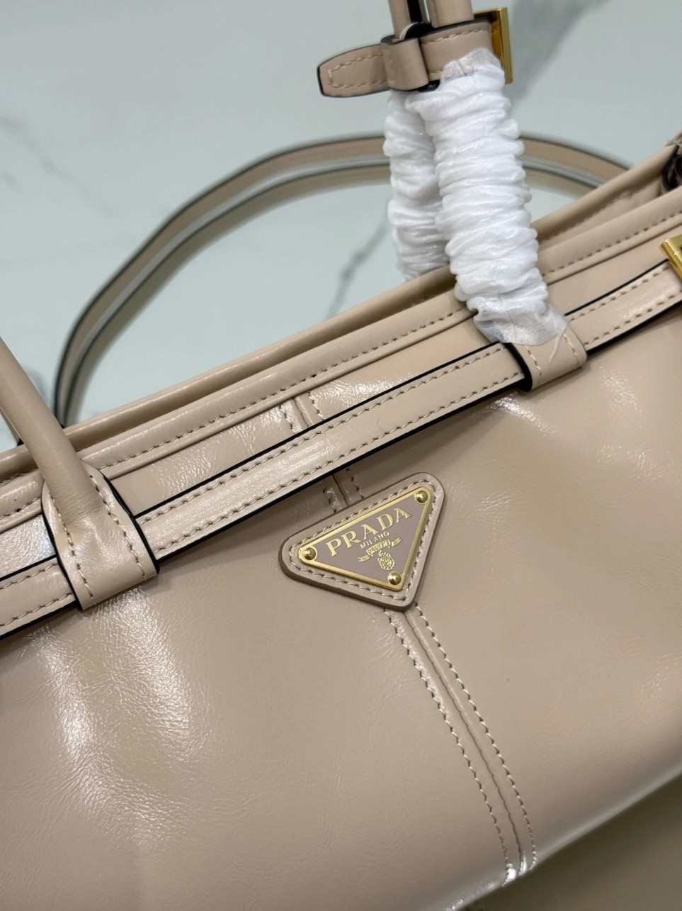 Prada Bonnie Medium Tote Bag in Beige Soft Leather - Image 10
