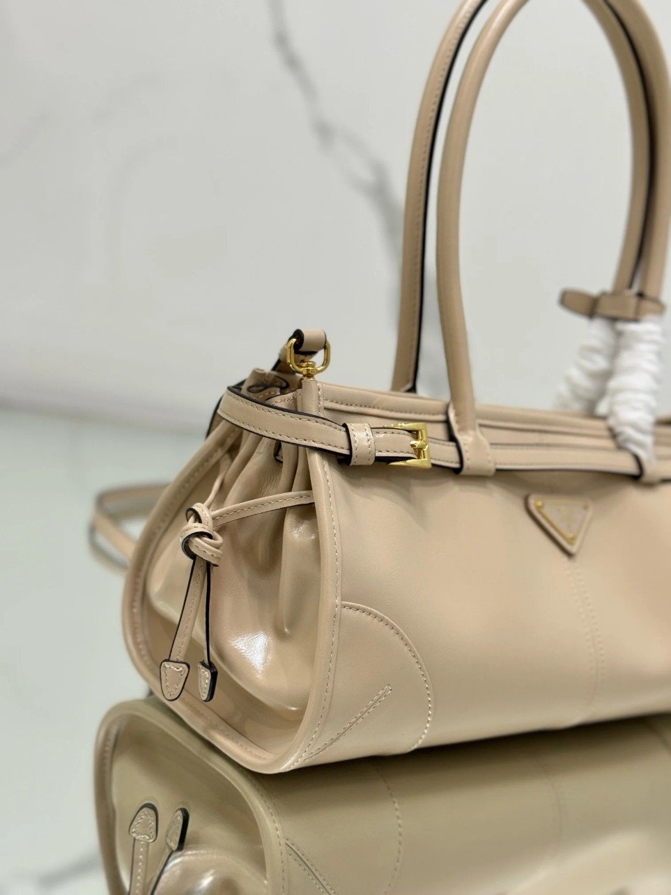 Prada Bonnie Medium Tote Bag in Beige Soft Leather - Image 7