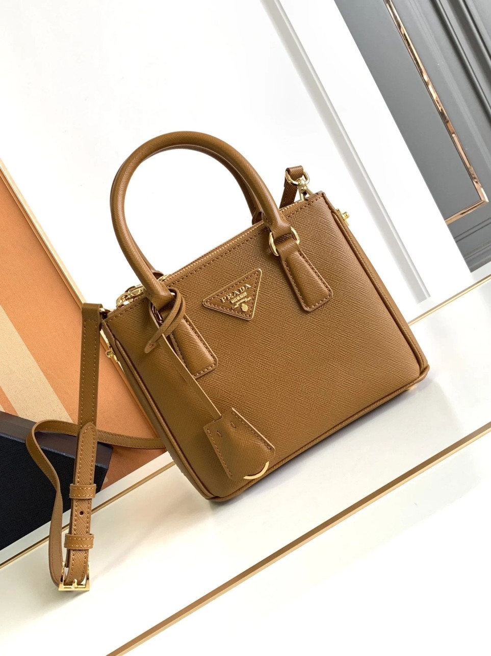 Prada Mini Galleria Bag in Brown Saffiano Leather - Image 3