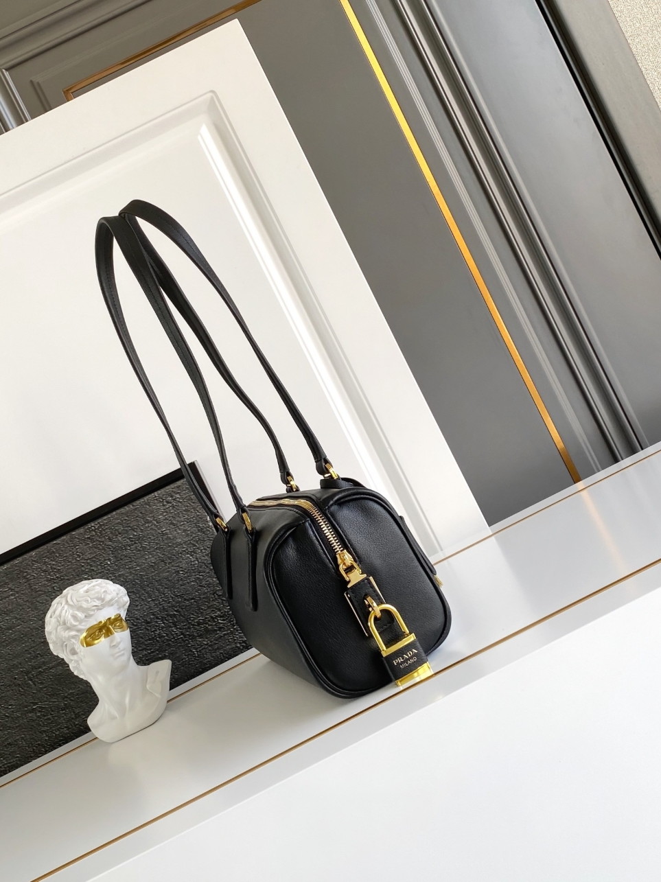 Prada Medium Top-handle Bag in Black Leather with Padlock - Image 9