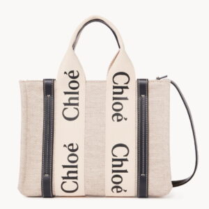 Chloe Small Woody Tote Bag in Canvas with Blue Leather Strips
