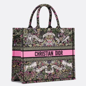 Dior Medium Book Tote Bag in Black Dior Around the World Embroidery