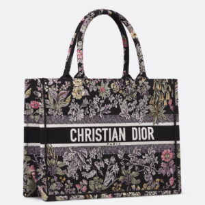 Dior Medium Book Tote Bag in Black Millefiori Unicorn Embroidery