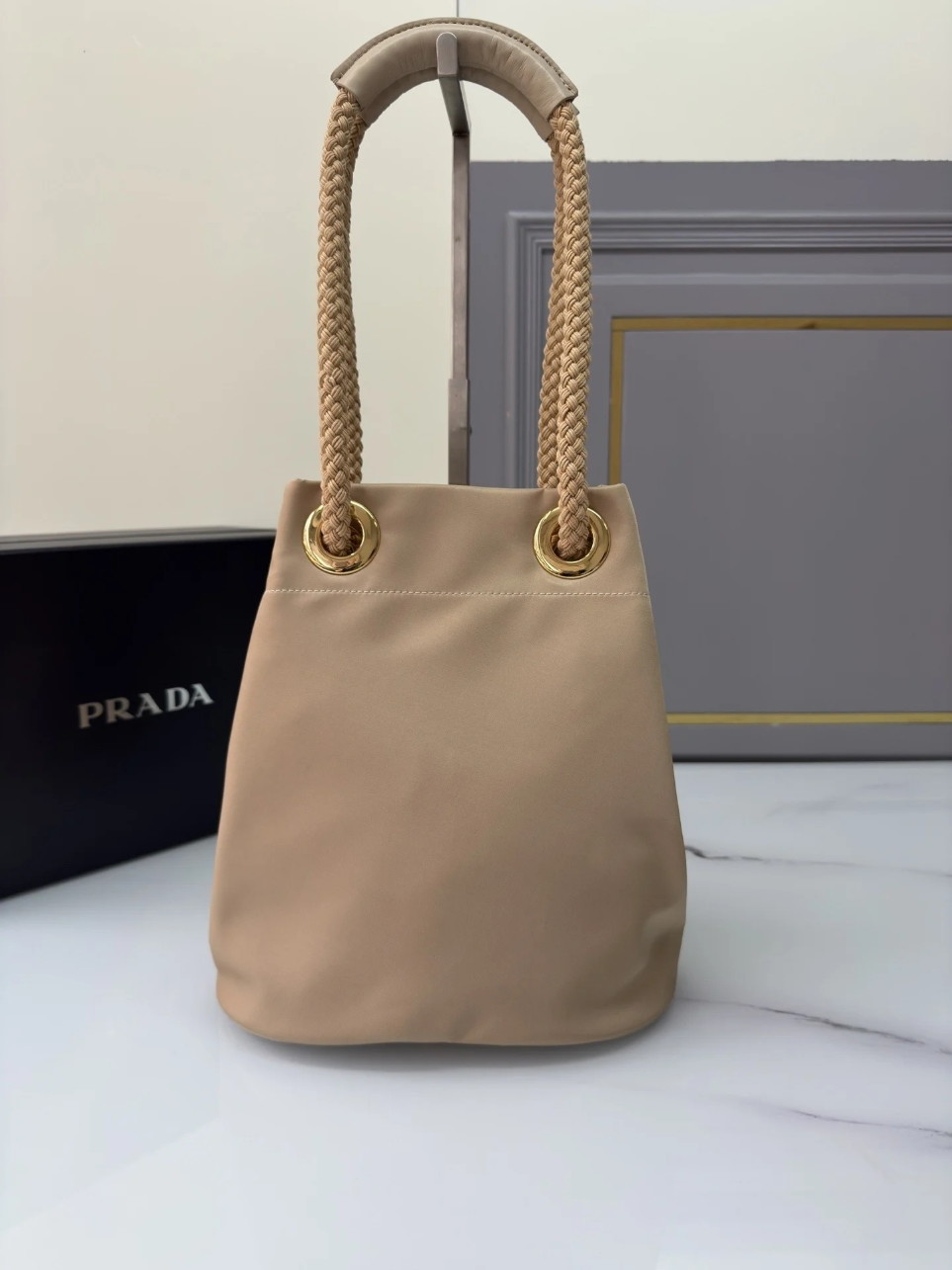 Prada Mariner Small Bucket Bag in Beige Re-Nylon - Image 3