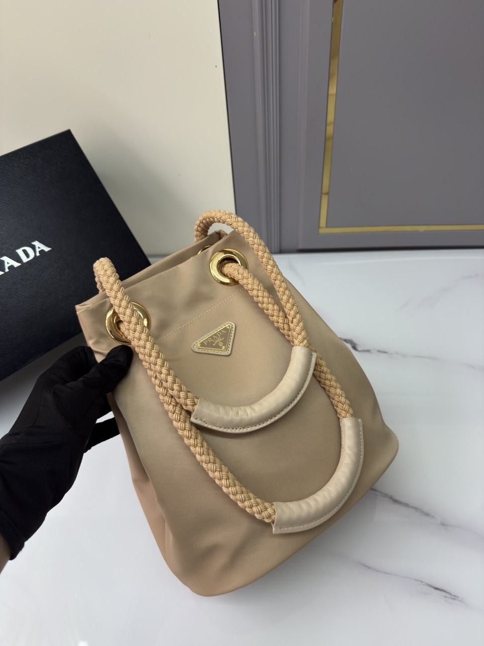 Prada Mariner Small Bucket Bag in Beige Re-Nylon - Image 5