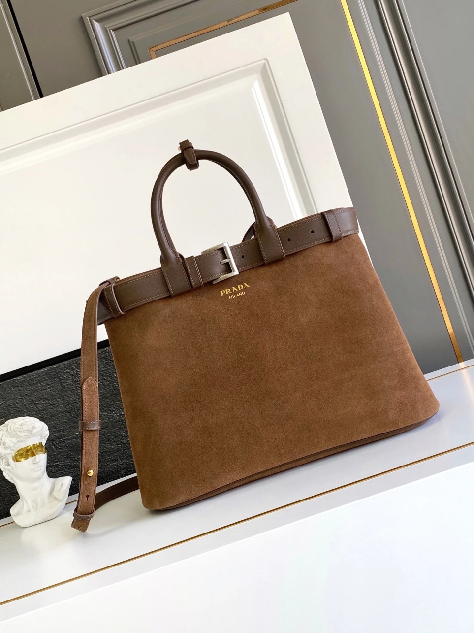 Prada Buckle Large Handbag with Belt in Cocoa Suede Calfskin - Image 2