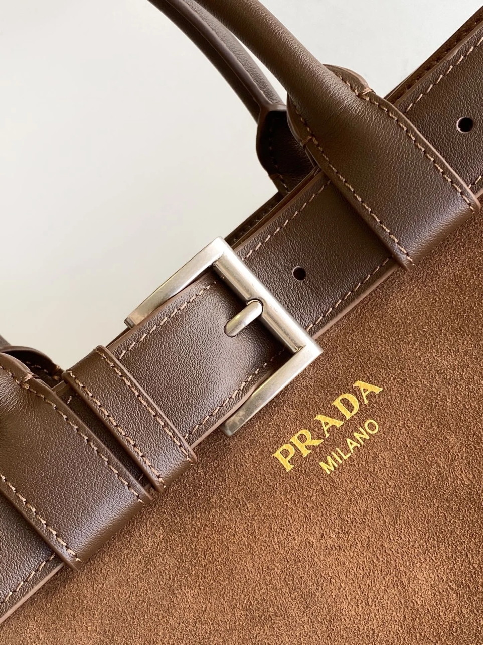 Prada Buckle Large Handbag with Belt in Cocoa Suede Calfskin - Image 5