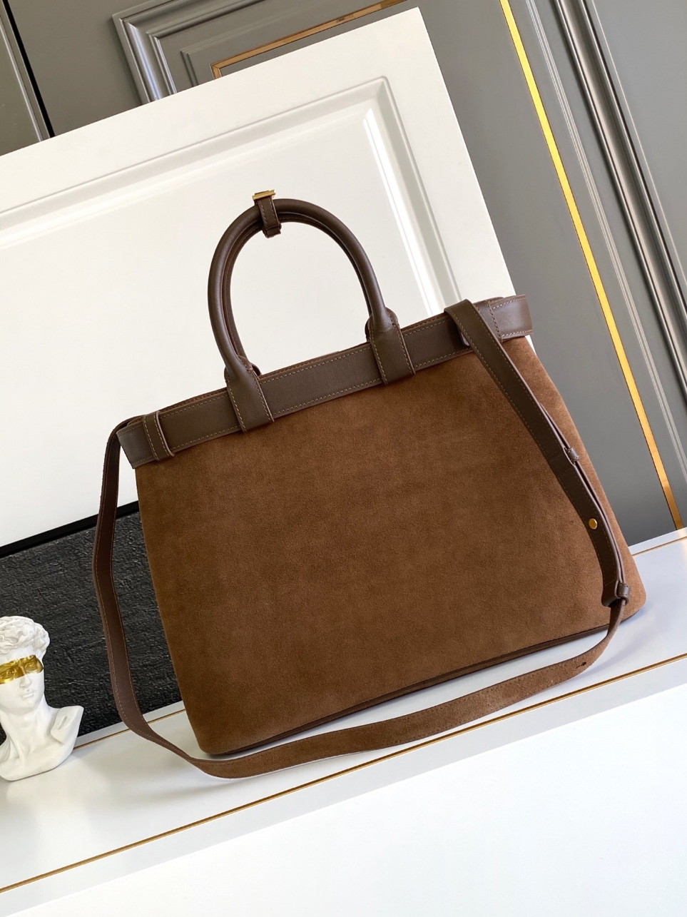 Prada Buckle Large Handbag with Belt in Cocoa Suede Calfskin - Image 7