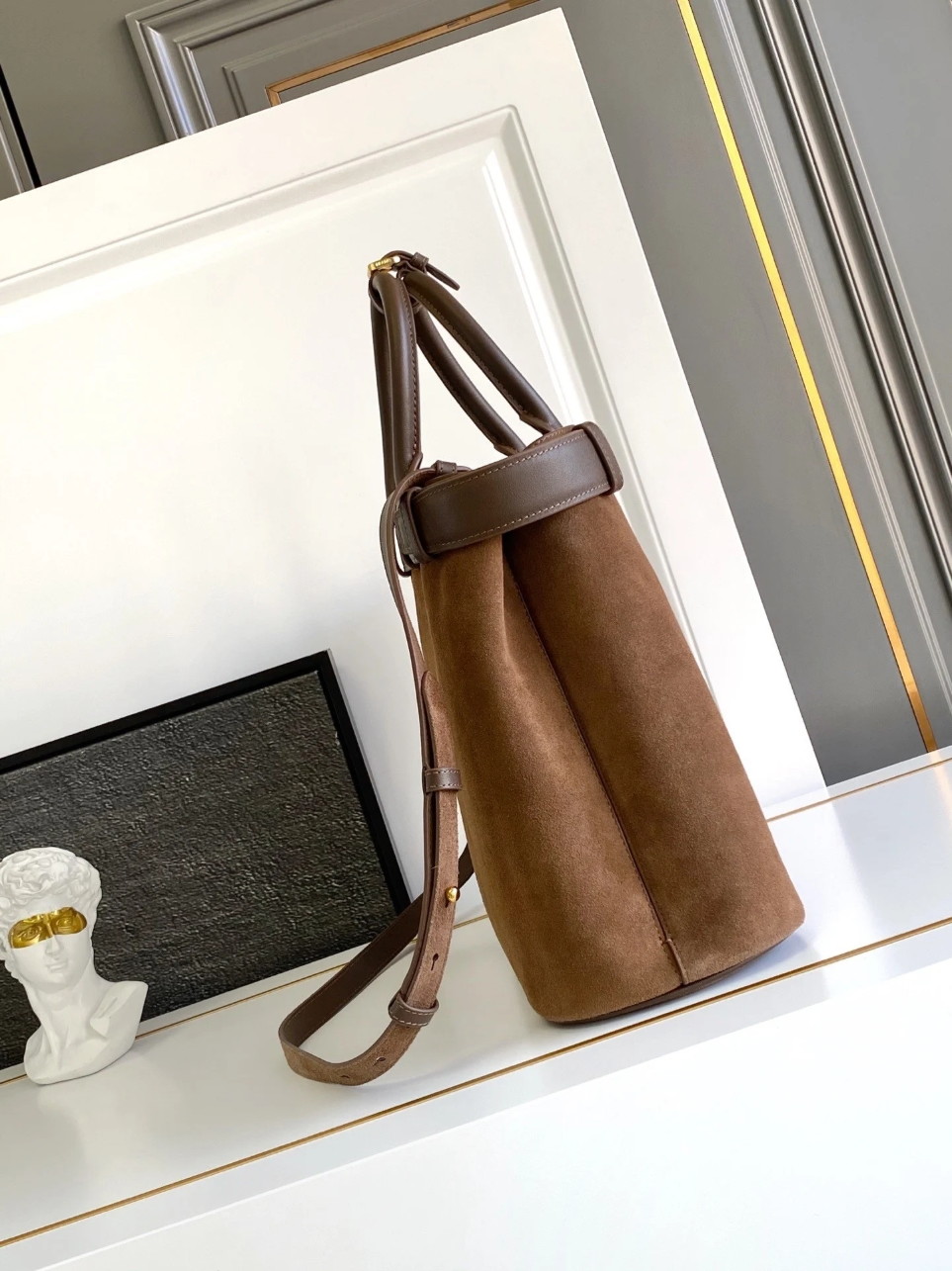 Prada Buckle Large Handbag with Belt in Cocoa Suede Calfskin - Image 8