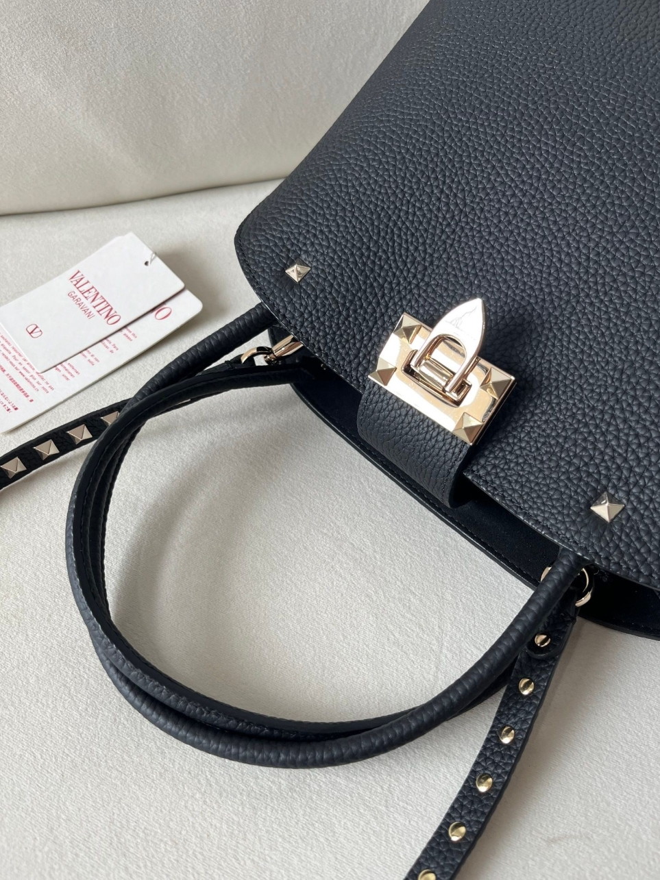 Valentino Small Rockstud Foldover Top Handle Bag in Black Grainy Leather - Image 8