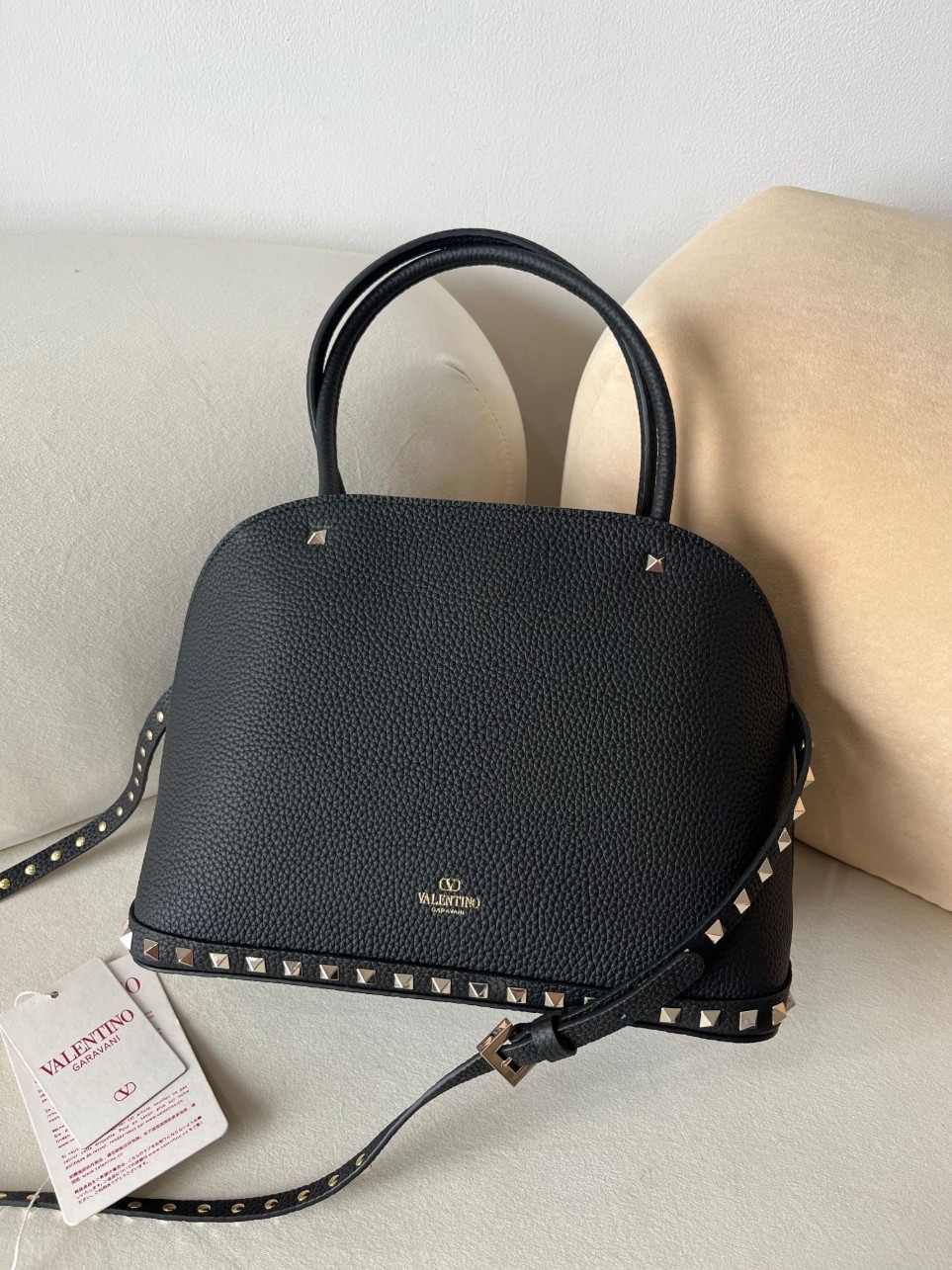 Valentino Small Rockstud Foldover Top Handle Bag in Black Grainy Leather - Image 9