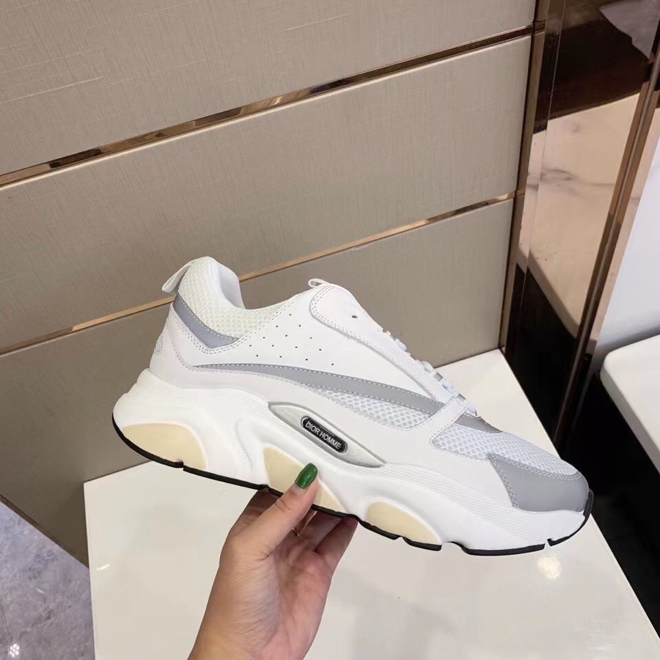 Dior Men's B22 Sneakers In White Leather and White Mesh - Image 3