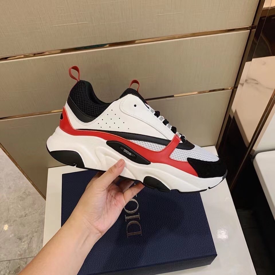 Dior Men's B22 Sneakers In Red Leather and White Mesh - Image 5