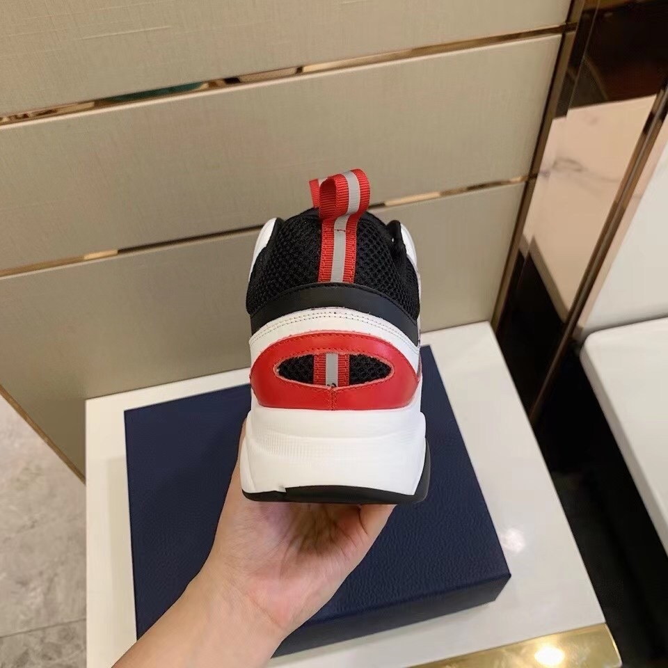 Dior Men's B22 Sneakers In Red Leather and White Mesh - Image 8
