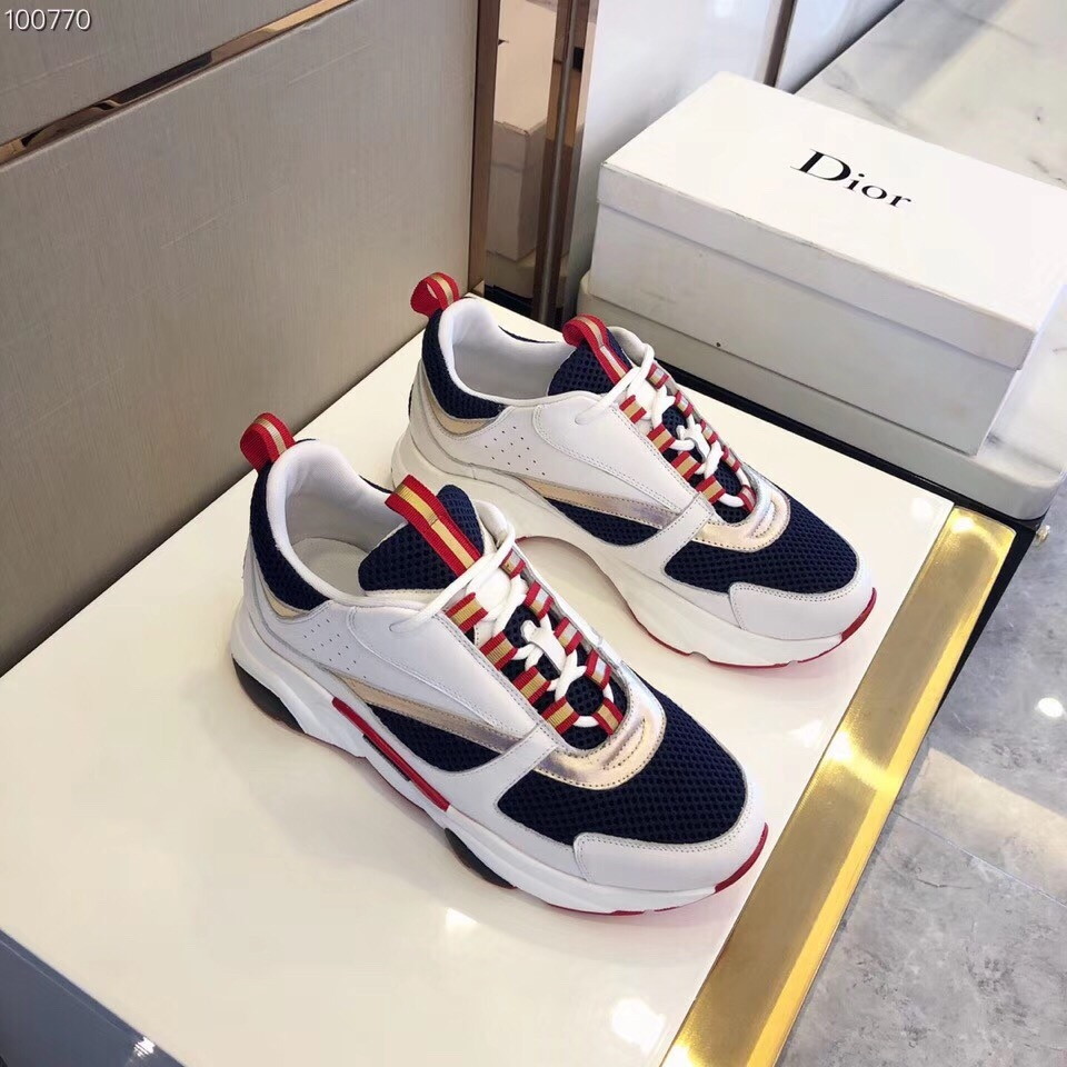 Dior Men's B22 Sneakers In White Leather and Blue Mesh - Image 5