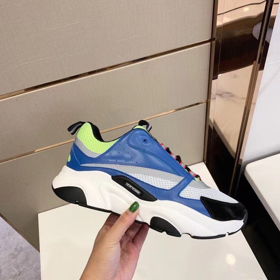Dior Men's B22 Sneakers In Blue Leather and White Mesh - Image 4