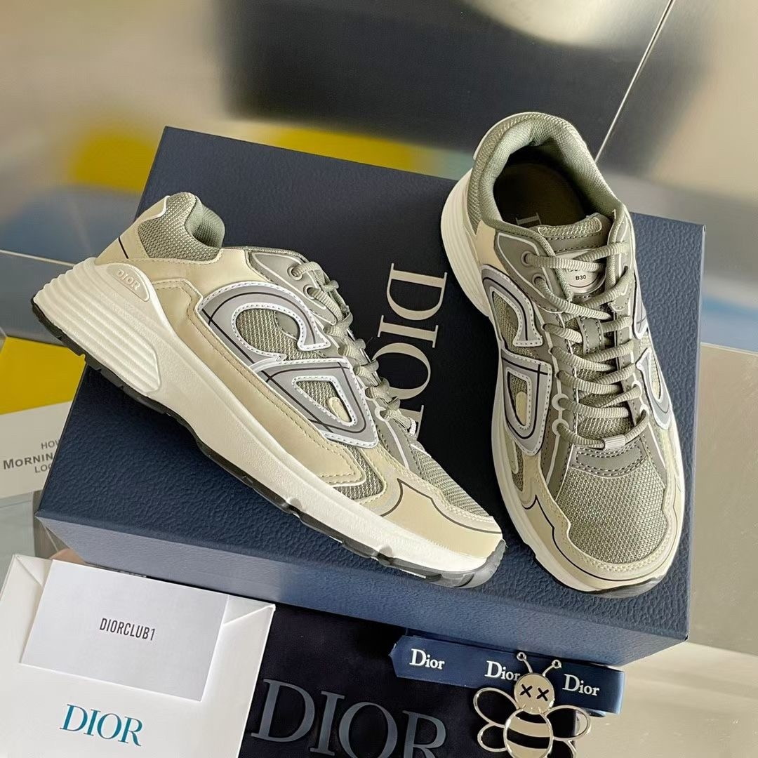 Dior Men's B30 Sneakers In Green Mesh and Ivory Fabric - Image 4