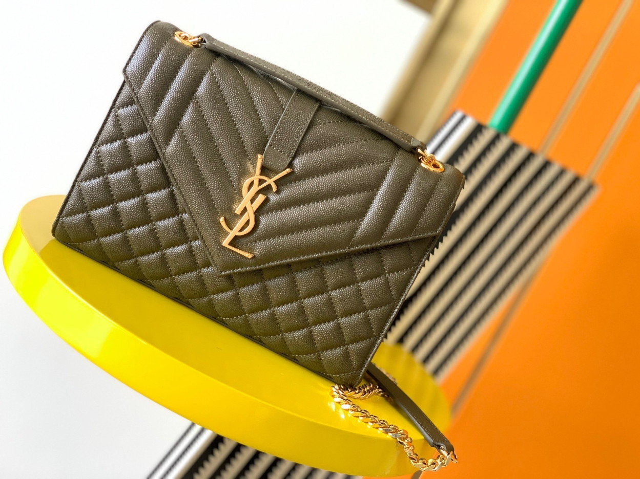 Saint Laurent Envelope Medium Bag In Khaki Matelasse Grained Leather - Image 10
