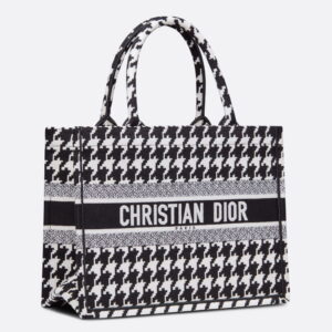 Dior Medium Book Tote Bag In Black Houndstooth Embroidery