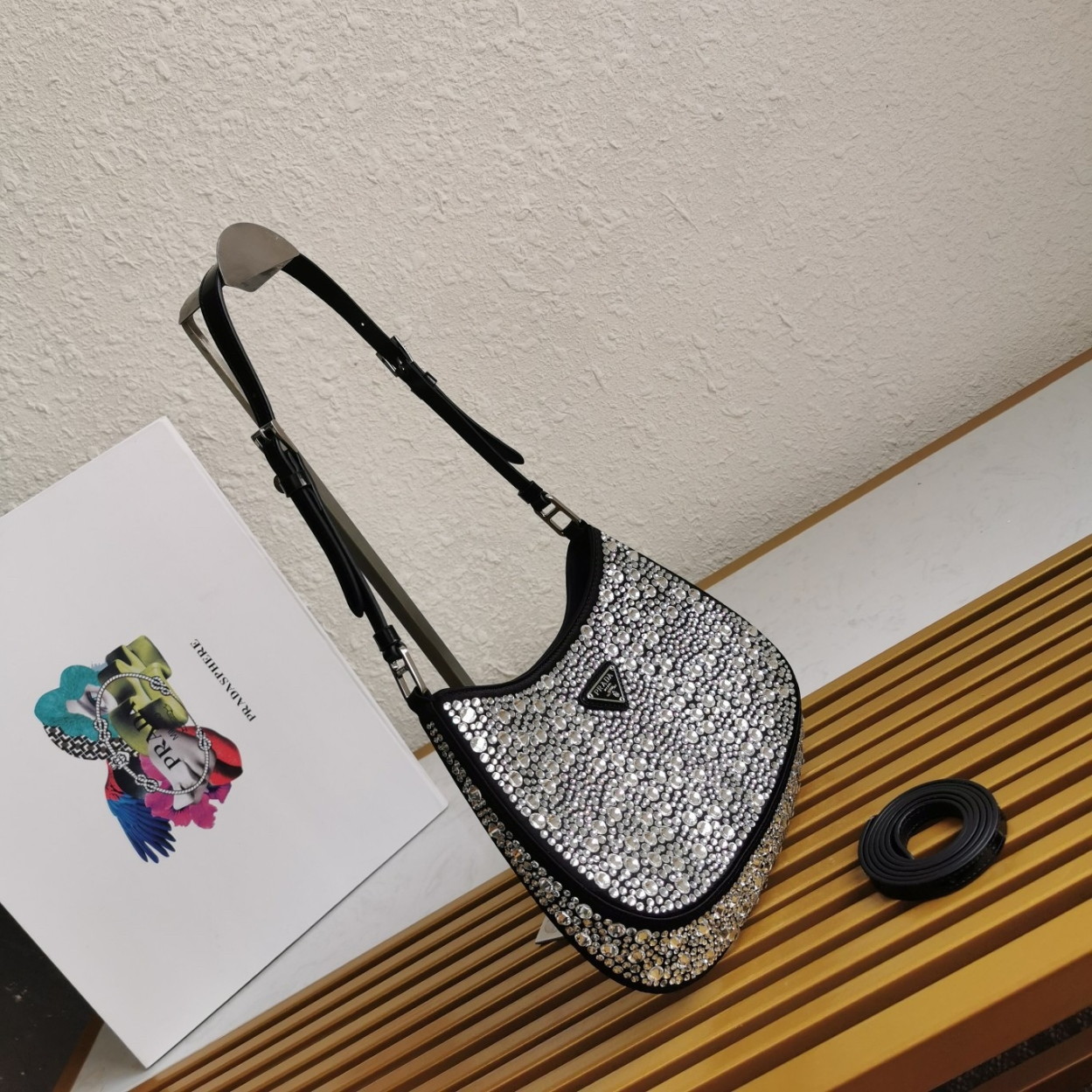 Prada Cleo Bag In Black Satin with Cystal Appliques - Image 2
