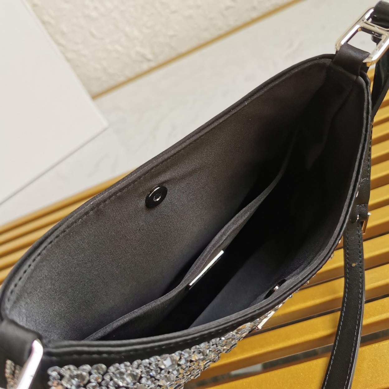 Prada Cleo Bag In Black Satin with Cystal Appliques - Image 5
