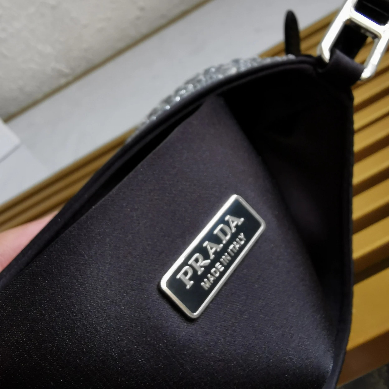 Prada Cleo Bag In Black Satin with Cystal Appliques - Image 6