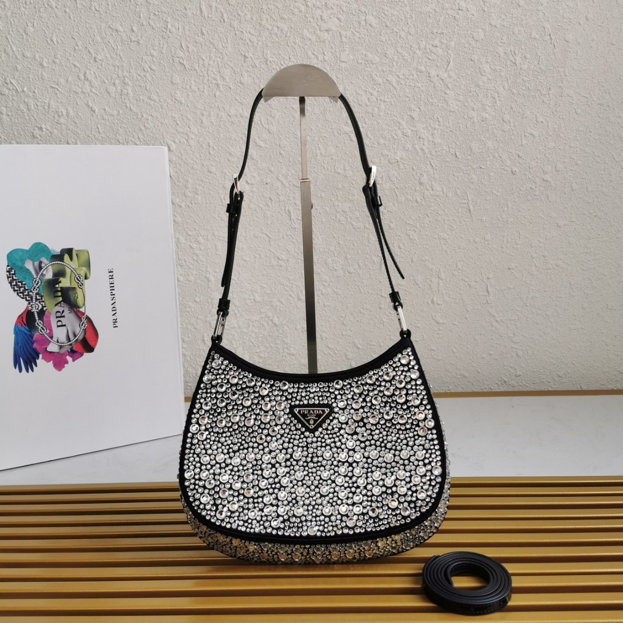 Prada Cleo Bag In Black Satin with Cystal Appliques - Image 7