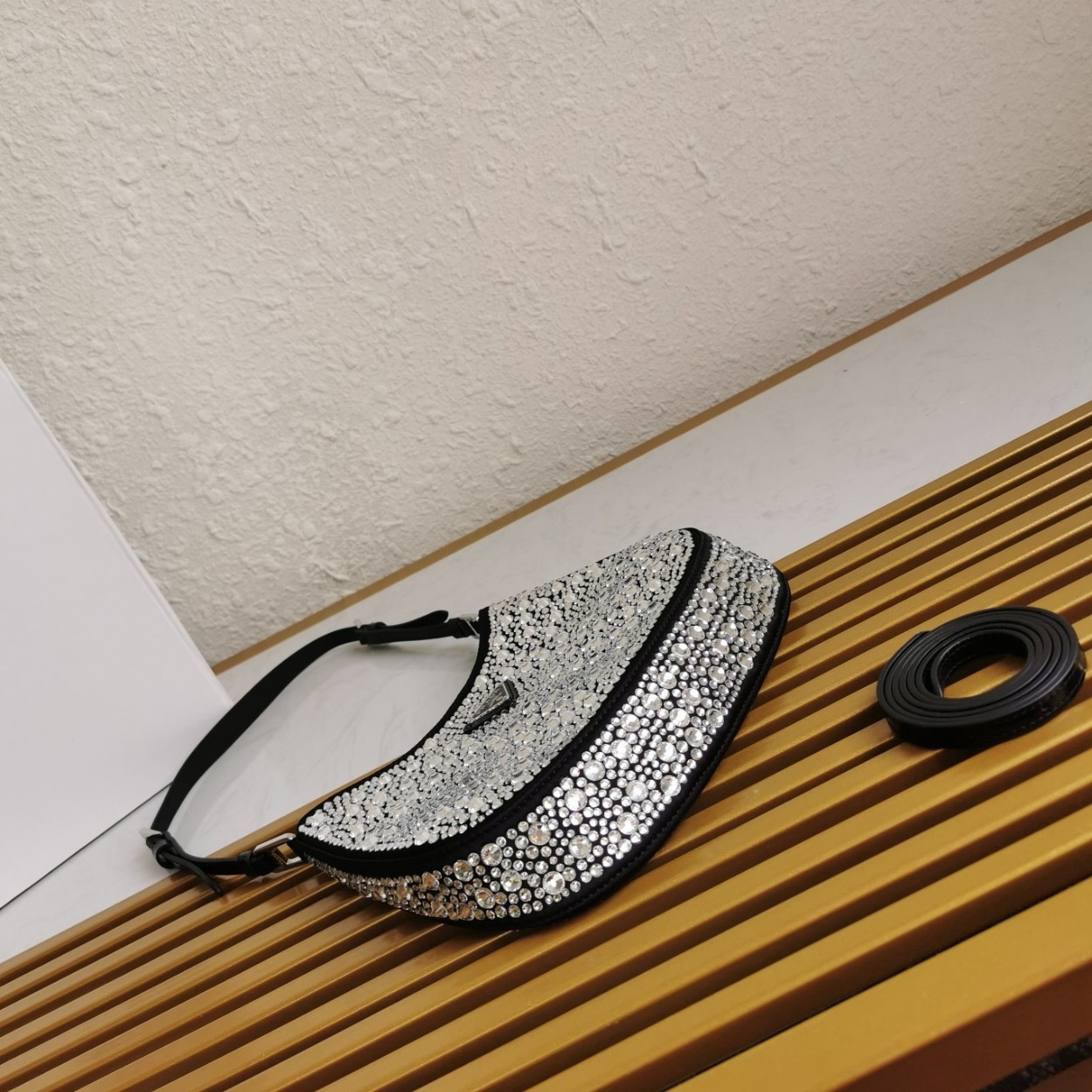 Prada Cleo Bag In Black Satin with Cystal Appliques - Image 8