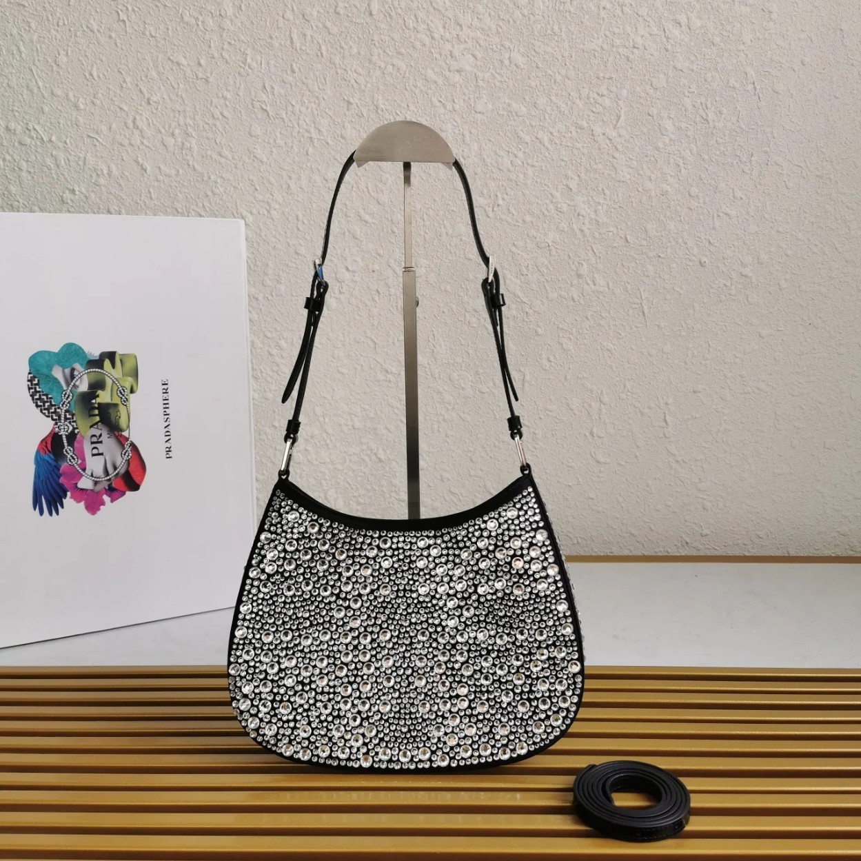 Prada Cleo Bag In Black Satin with Cystal Appliques - Image 9