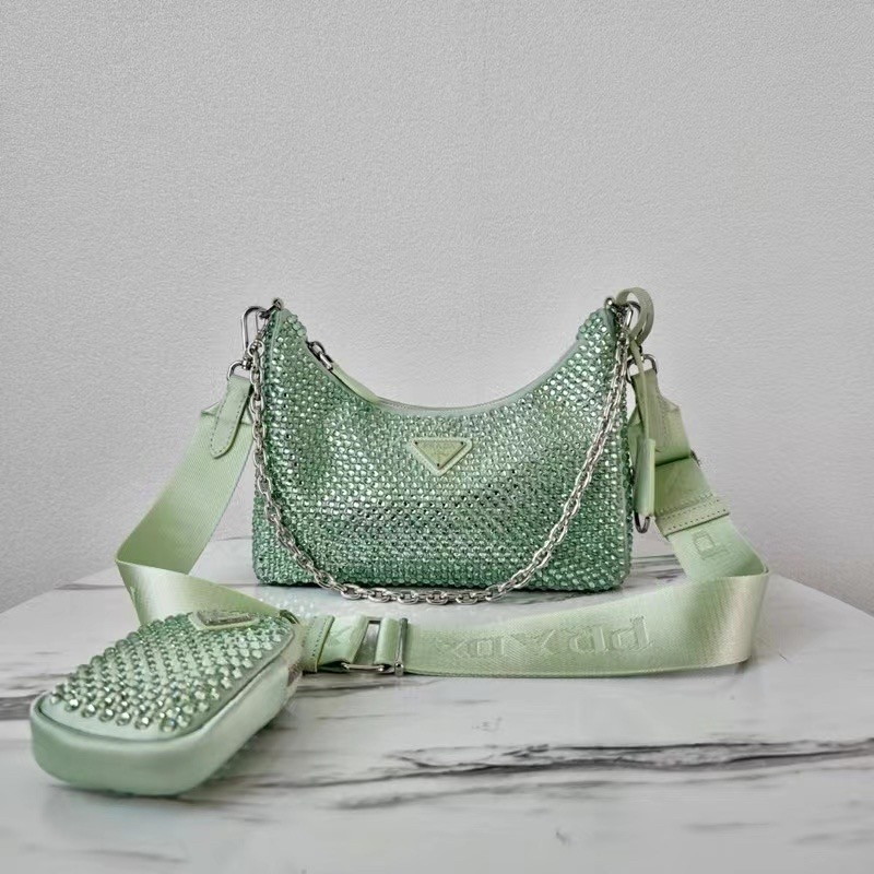 Prada Re-Edition 2005 Bag In Aqua Satin with Crystals - Image 2